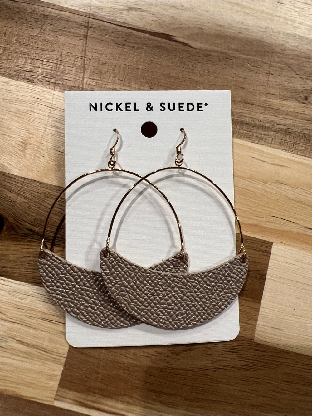 Nickel & Suede Taupe Leather Hoop Drop Earrings